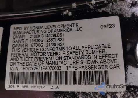 2023 Honda Accord Hybrid Sport-L из США, поврежденный, VIN 1HGCY2F71PA070683